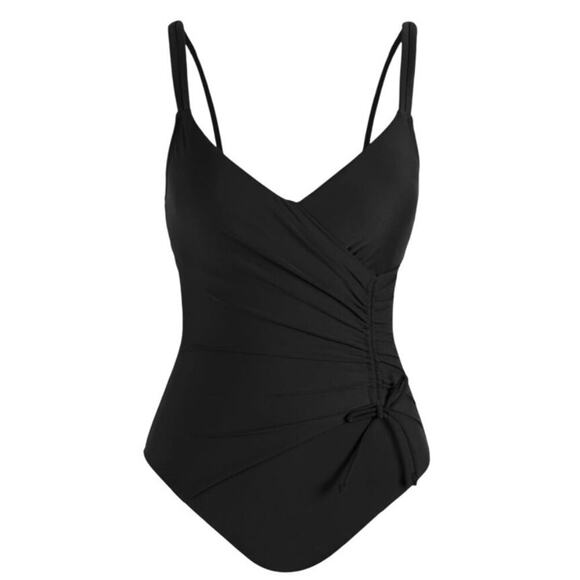 Cupshe Women’s Black One-Piece Swimsuit Small V-Neck Ruched Tummy Control - Picture 4 of 9